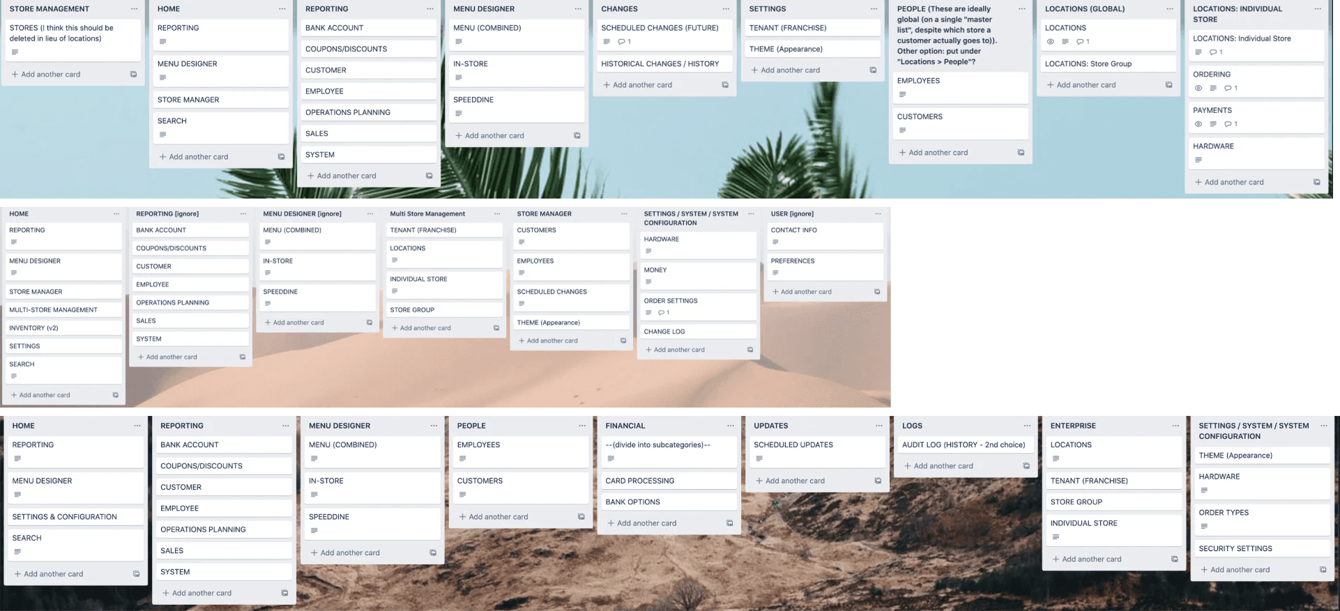 Three participants' card sort boards in Trello, each with different top-level groups such as Home, Reporting, Menu Designer, People, Financial and Settings