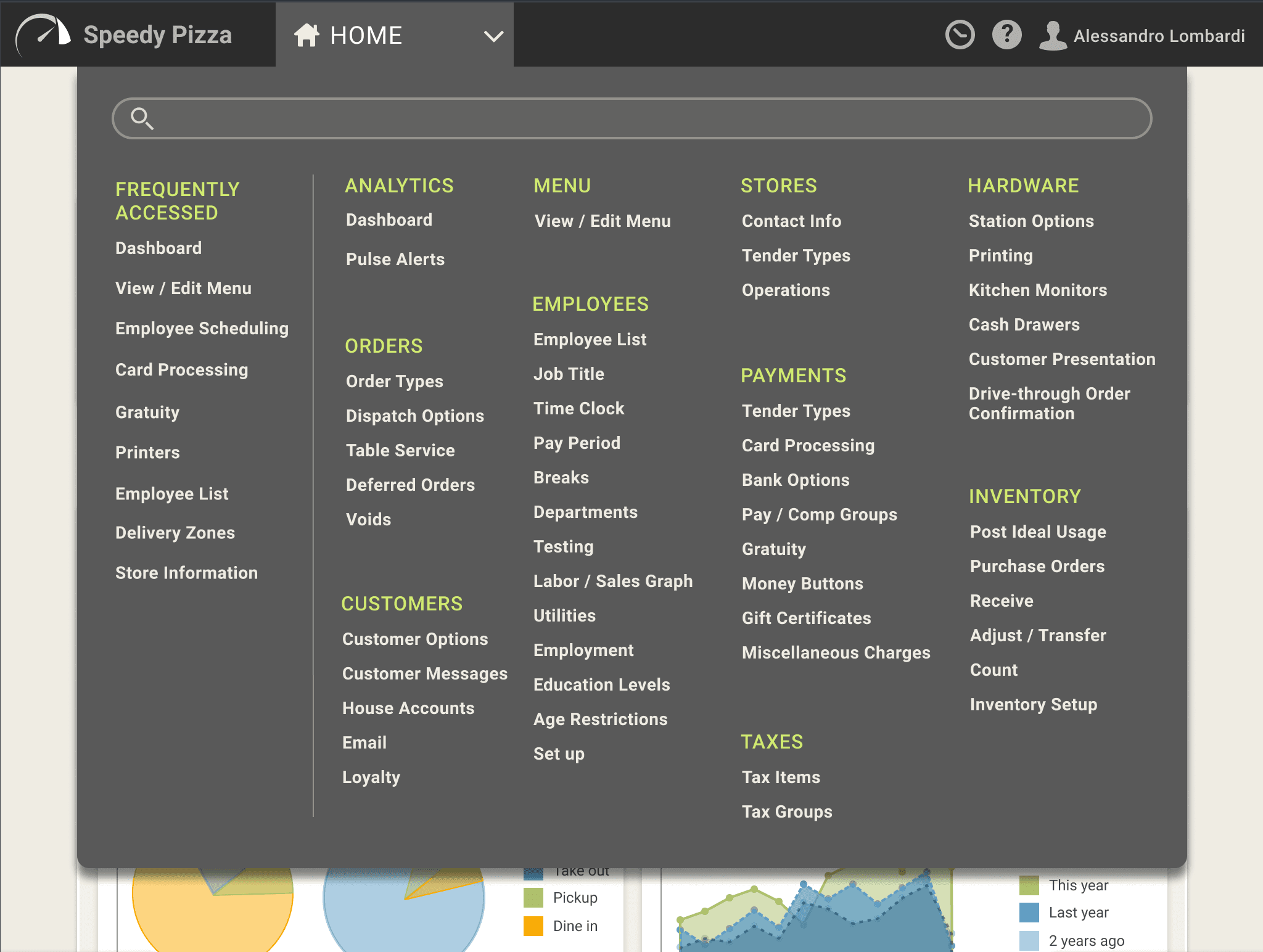 The proposed navigation menu, showing eleven top-level sections and a Frequently accessed column