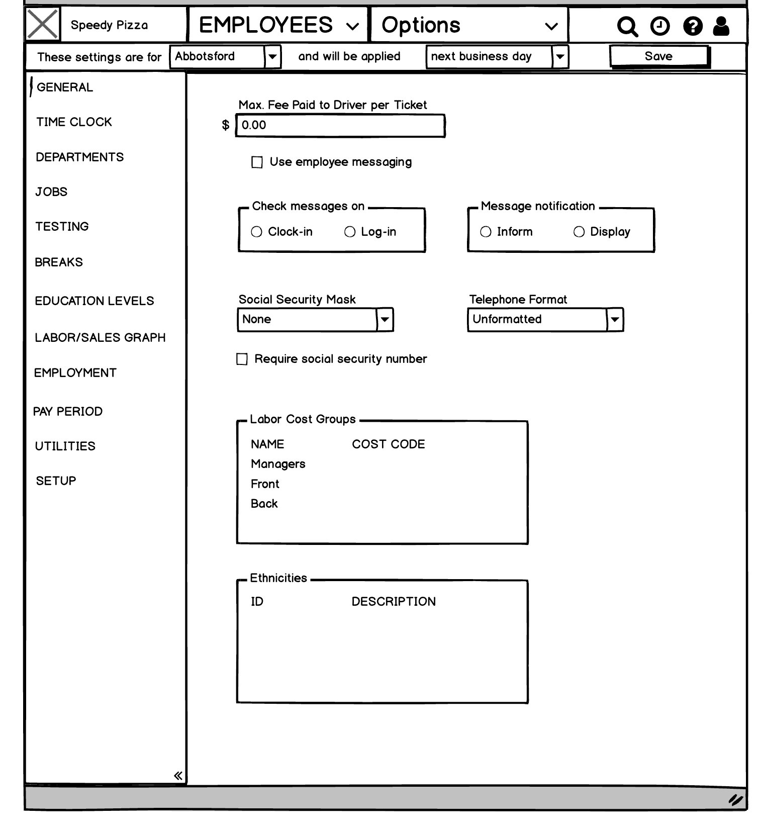 Wireframe of Employees > Options with the same twelve pages listed in a left sidebar