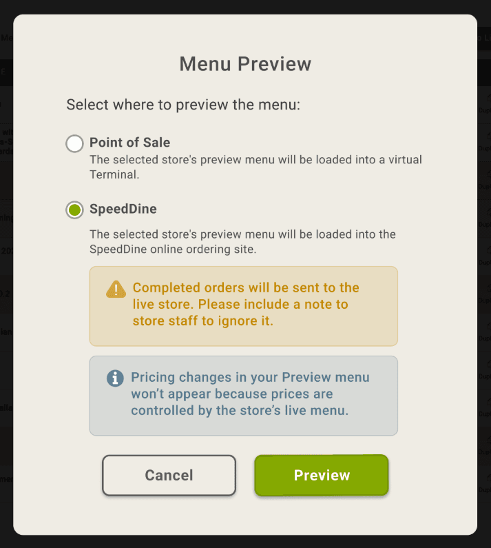 A Menu Preview dialog with an amber warning that completed orders will reach the live store, and a blue note that pricing changes won't appear