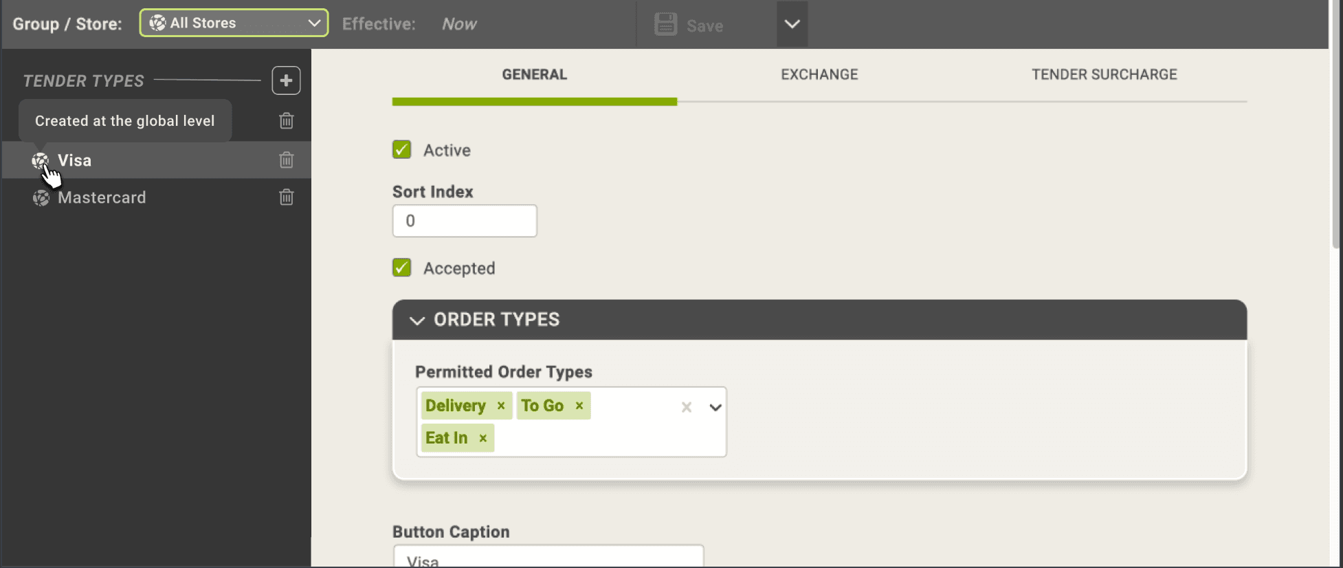 The Tender Types page with the Group / Store picker set to All Stores. Hovering the globe icon beside Visa shows 'Created at the global level'.