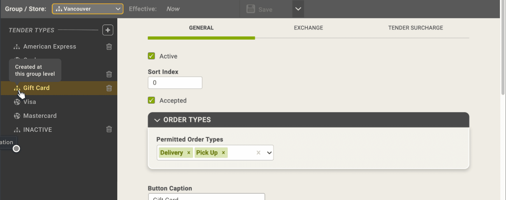 Viewing the Vancouver group: the Gift Card tender shows the hierarchy icon, with the tooltip 'Created at this group level'